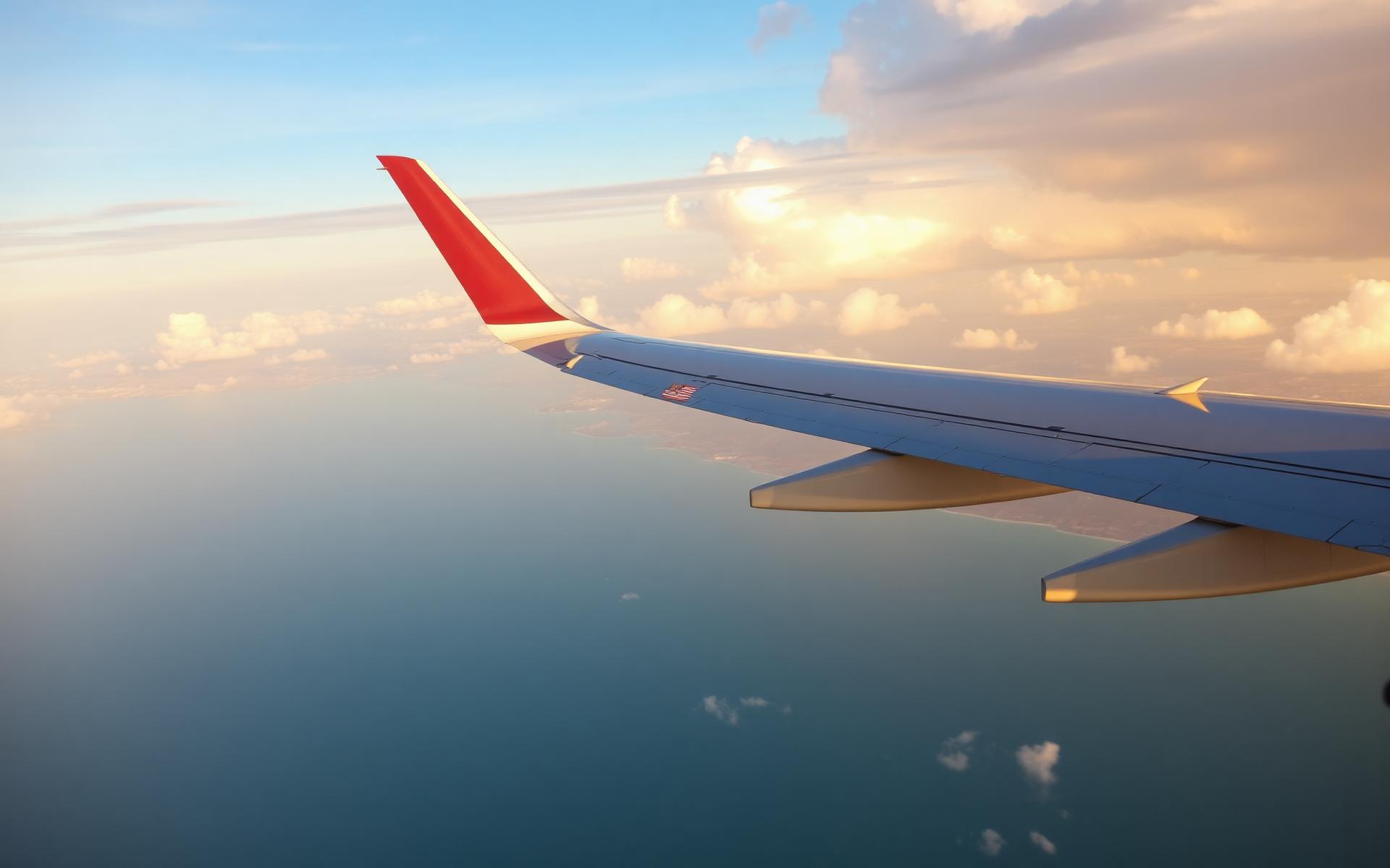 Airplane wing above coastline at golden hour